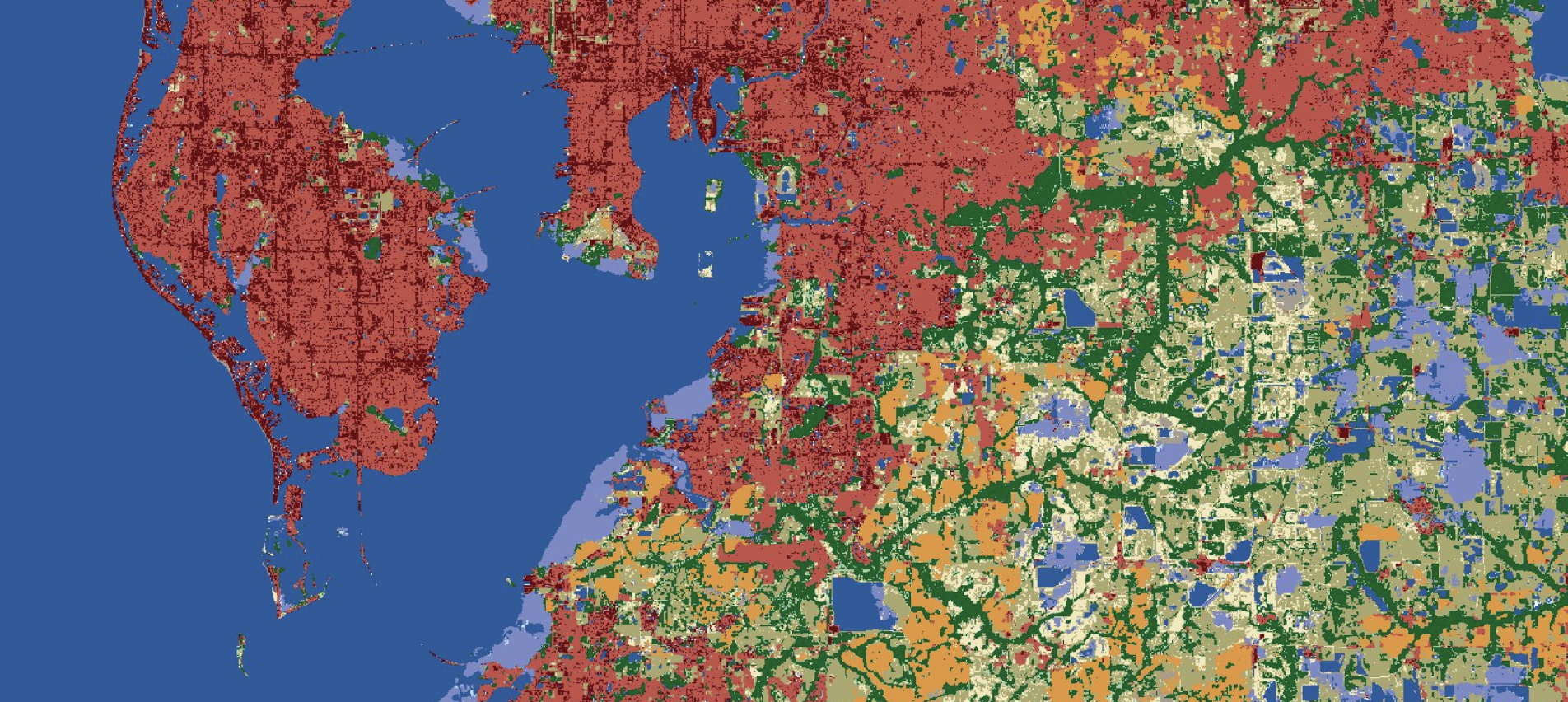 This is a sample image of 10m land cover over the Tampa Bay
area in Florida.